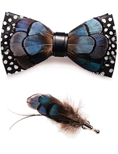 RBOCOTT Handmade Feather Pre-tied Bow tie and Brooch Sets for Men - color: Peacock Blue/White