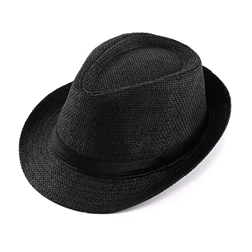 FALETO Unisex Summer Panama Straw Fedora Hat Short Brim Beach Sun Cap Classic - color: #01 Black