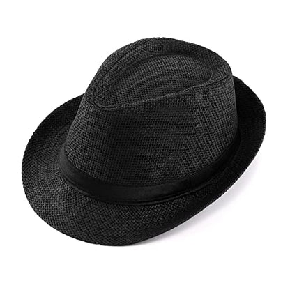 FALETO Unisex Summer Panama Straw Fedora Hat Short Brim Beach Sun Cap Classic - color: #01 Black