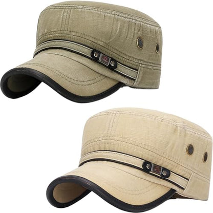 Cadet Army Hat 2 Pieces Flat Top Cap Unisex Military Hat for Women Men - color: Army Green E + Beige E