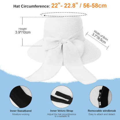 DRESHOW Sun Hats for Women Summer Wide Brim Beach Straw Hat Bowknot Bucket Hats Foldable Floppy Beach Sun Hat UPF 50+ - color: 1 Pack Bowknot Ribbon Hat: White