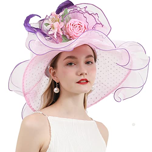 Women's Organza Church Derby Hat Bridal Tea Party Wedding Tea Party Sun Hat with Detachable hat flower as headgear - color: Light Pink 1