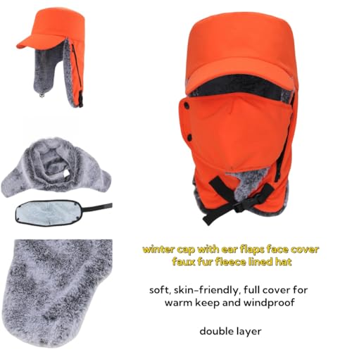 Trapper Hat Warm Faux Fur Winter Cap with Ear Flaps Windproof Waterproof Snow Ski Hats for Men Women Cold Weather - color: Orange