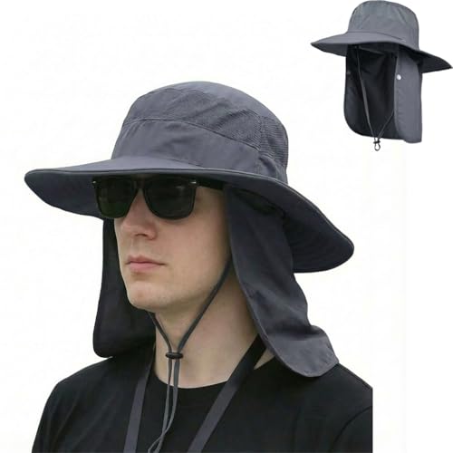 Sun Hat Bucket Hats for Men Women,Outdoor Wide Brim Fishing Hat with Detachable Face Cover & Neck Flap UV Protection - color: Black