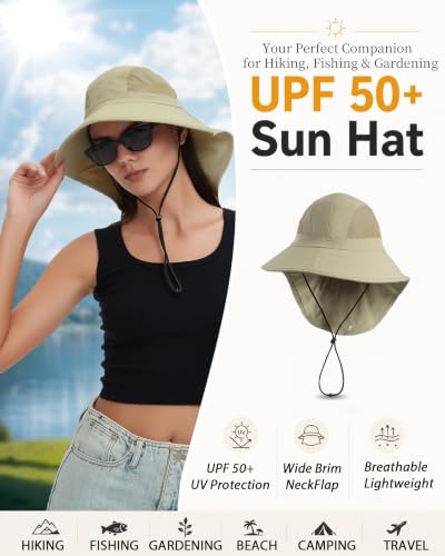 Sun Hat UPF50+, Breathable Wide Brim Bucket Hat Outdoor for Hiking Garden - color: Khaki