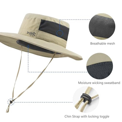 BASSDASH UPF 50+ Fishing Sun Hat Water Resistant Unisex Wide Brim Bucket Boonie Hat for Hiking Camping Safari FH15 - color: Khaki, size: Medium