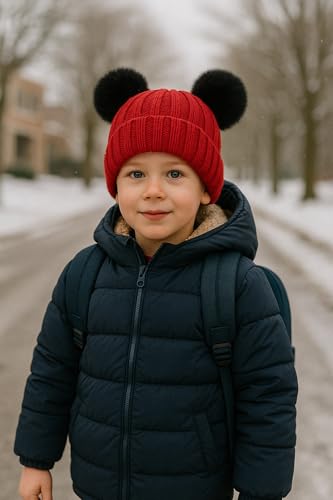Toddler Winter Knit Hat Upgrade Fleece Lined Pompom Ears Beanies Cap for Boys Girls 3-12 Years - color: Red Black