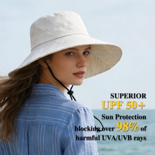 Sun Hats for Women Wide Brim Foldable Beach Hat UV UPF50+ Summer Sun Protection Bucket Hat for Outdoor, Gardening, Travel - color: Beige