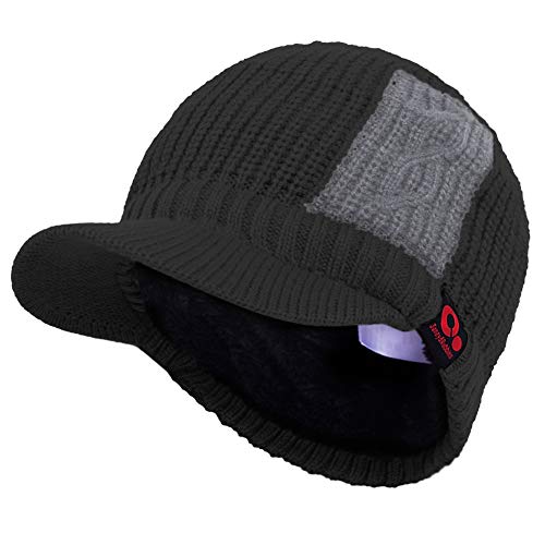 Women's Contrast Patch Visor Beanie Winter Knit Hat with Birim Fleece Lining Baseball Cap - color: Black
