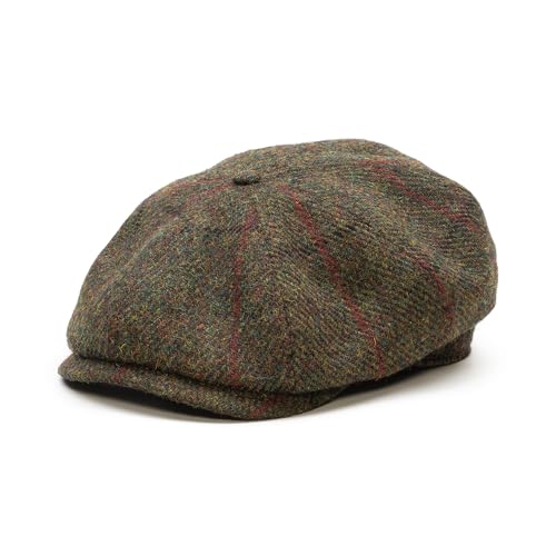 Sterkowski Shelby | 100% Harris Tweed Newsboy Cap for Men | 8 Panel Peaky Style Hat - color: Green/Red Check, size: 7 1/8