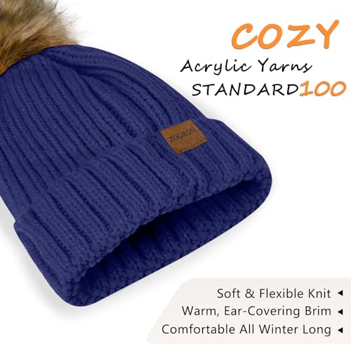 ZOORON Womens Winter Knitted Beanie Hat with Faux Fur Pom Beanie Warm Knit Skull Cap Beanie for Women - color: 1navy Blue