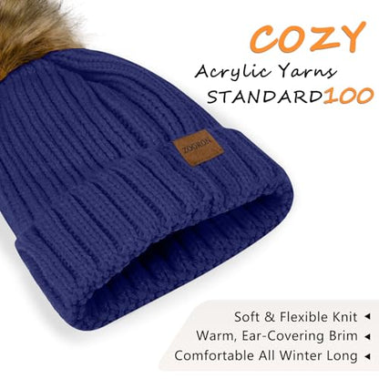 ZOORON Womens Winter Knitted Beanie Hat with Faux Fur Pom Beanie Warm Knit Skull Cap Beanie for Women - color: 1navy Blue