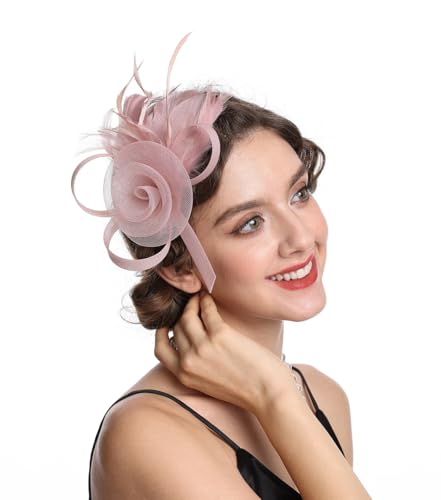 SAFERIN Women's Fascinators Feathers Tea Party Hat Veil Headband with Hair Clip for Cocktail Church - color: M-nude Pink