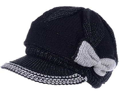 BYOS Womens Winter Chic Cable Warm Fleece Lined Crochet Knit Hat W/Visor Newsboy Cabbie Cap - color: Contrast Bow Black