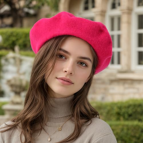 Women's Wool Beret: 70% Wool French Hat for Daily, Lightweight & Chic Berets for Women - color: Rose Red