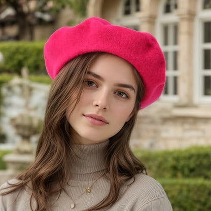 Women's Wool Beret: 70% Wool French Hat for Daily, Lightweight & Chic Berets for Women - color: Rose Red