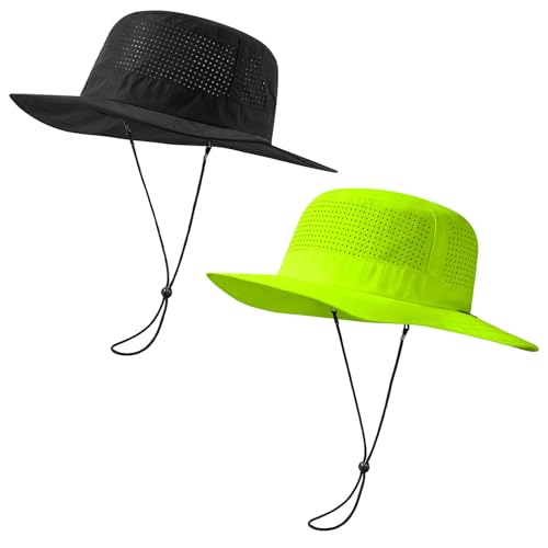 UPF 50+ Bucket Sun Hat with Laser Perforated Mesh Cooling Adjustable Breathable Lightweight for Outdoor Men Women - color: Black & Fluorescent Yellow