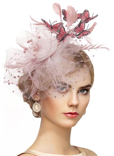 Zinniday Butterfly Derby Hat 2025 - Classic Tea Party Hats with Hair Clip, 1920s 50s Fascinators for Lady Woman - color: Pink