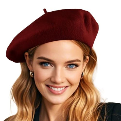 French Wool Beret Hats for Women Man - color: Wine Red