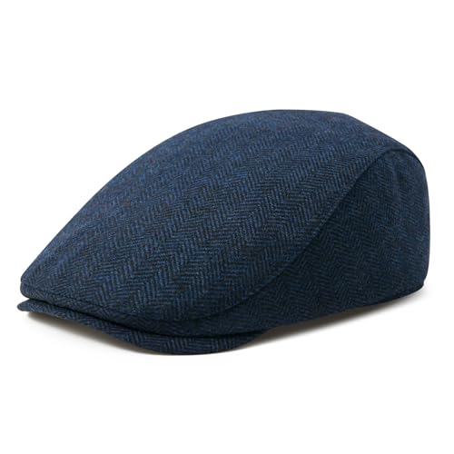 FEINION Men Wool Blend Flat Cap Tweed Newsboy Ivy Hat - color: Herringbone Navy