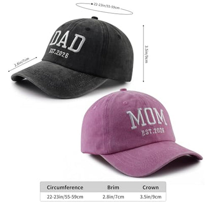 2PCS Mom and Dad EST 2027 2026 Hats for Women Men, New Parents Baseball Cap - color: Black and Pink