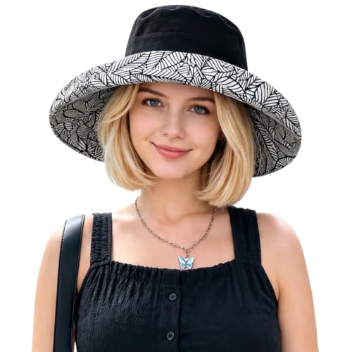 HUAMULAN Wide Brim Women Summer Sun Floppy Hat Reversible Beach Bucket Hat - color: M2246-black