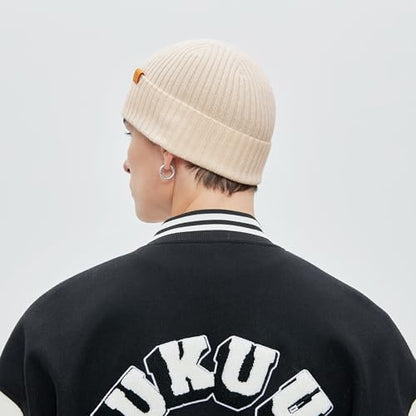 100% Merino Wool Fisherman Beanie Hat, Unisex Warm Winter Hats, Soft Breathable Knitted Short Cuffed Cap - color: Beige