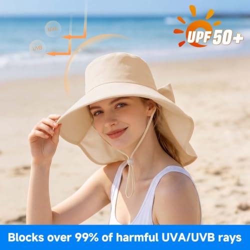 Womens Ponytail Hole Sun Hat with Neck Flap Outdoor UPF 50+ - color: Oatmeal