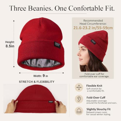 3 Pack Satin Lined Beanies for Men and Women Silk Warm Cuffed Winter Hats - color: Black+dark Grey+wine Red