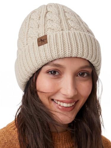 Winter Hats for Women Cable Knit Chunky Skull Cap Fleece Lined Thick Fold Cuff Beanie hat - color: Neutral Grey, style: Cross Jacquard