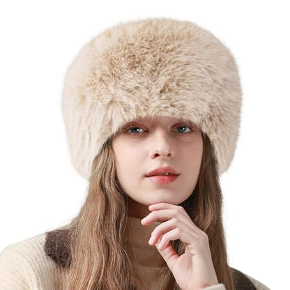 Peicees Winter Faux Fur Hat for Women Russian Style Ladies Ushanka Warm Fluffy Bucket Hat Fuzzy Furry Cap - color: Beige
