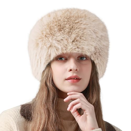 Peicees Winter Faux Fur Hat for Women Russian Style Ladies Ushanka Warm Fluffy Bucket Hat Fuzzy Furry Cap - color: Beige