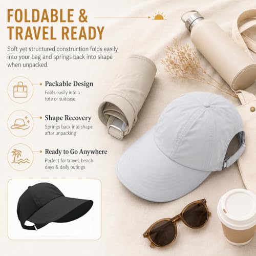2 Pack UPF 50+ Sun Visor Hats for Women, Wide Brim Ponytail Baseball Cap, Foldable UV Protection Beach Hiking Hat