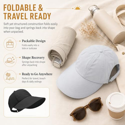 2 Pack UPF 50+ Sun Visor Hats for Women, Wide Brim Ponytail Baseball Cap, Foldable UV Protection Beach Hiking Hat