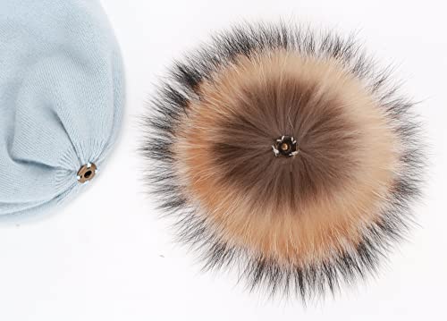 Women's Double Layer Winter Slouchy Knit Beanie Hat with Real Fur Pom Pom - color: Blue