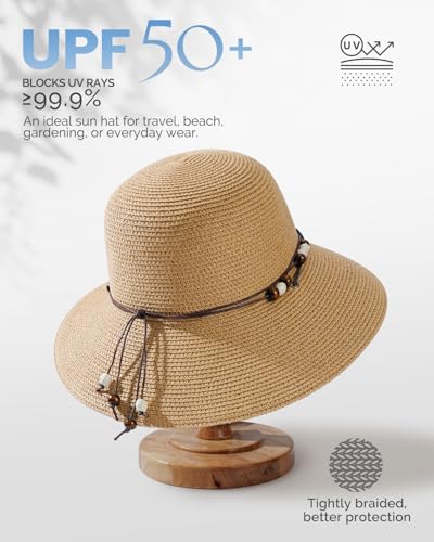 Womens Straw Beach Sun Hat, UV Protection UPF 50+, Lightweight Straw Bucket Hat, Summer Travel - color: Khaki, size: Medium