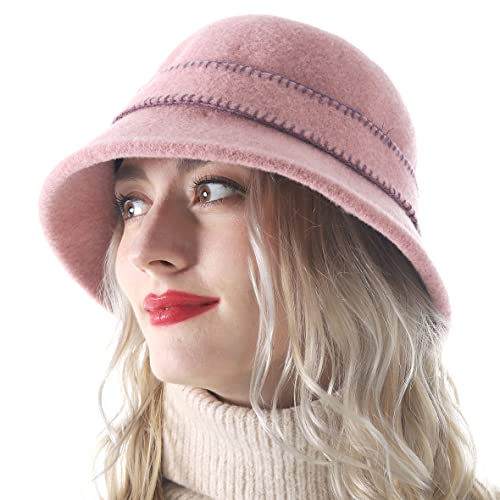 Women Elegant Winter Wool Bucket Hat 1920s Vintage Cloche Bowler Hats (Pink)