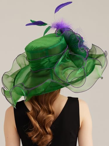 Women Derby Church Hat Organza Flower Wedding Tea Party Fascinator Wide Brim Sun Hat - color: 11-dark Green