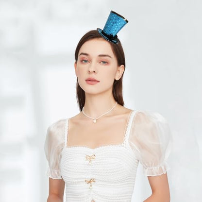 WLBON Halloween Mini Top Hat Headband 1920s Bow Sequins Hair Hoops Bands Fascinator Headpiece Hairband Women Christmas Holiday Festival Parade Cosplay Dress Up Birthday Tea Party Accessories Blue - color: Blue Tone