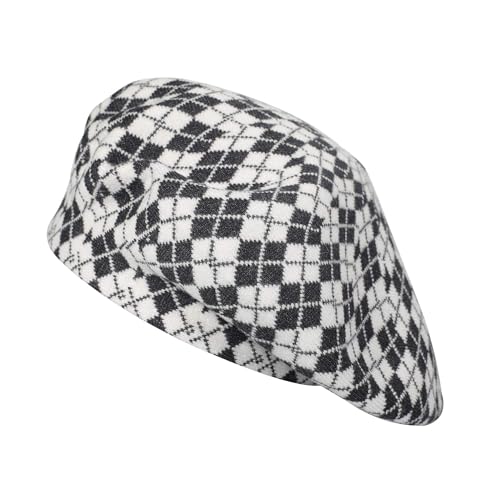 ZLYC Women French Beret Hat Reversible Knit Thickened Warm Artist Cap - color: Checkered White