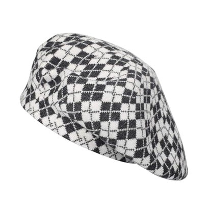 ZLYC Women French Beret Hat Reversible Knit Thickened Warm Artist Cap - color: Checkered White