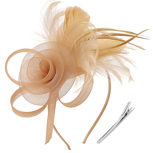 DRESHOW Fascinators Hats for Women Tulle Feather Tea Party Fascinator Hats - color: Dark Gold