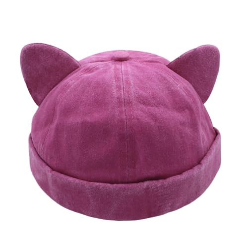 Cute Cat Ear Beanie Hats for Women Men Washed Cotton Brimless Docker Cap Retro Rolled Cuff Skull Cap - color: Hot Pink