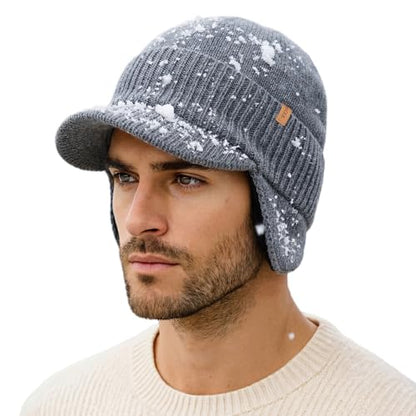 TOP-EX DryKnit™ 80% Merino Wool Waterproof Warm Brim Beanie with Ear Flaps - color: Light Grey (Waterproof), size: Medium-Large