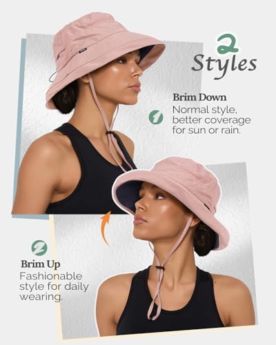 Bucket Sun Hat for Women, UPF 50+ Wide Brim, Packable, Waterproof Rain Hat for Hiking Outdoor Travel - color: Pink