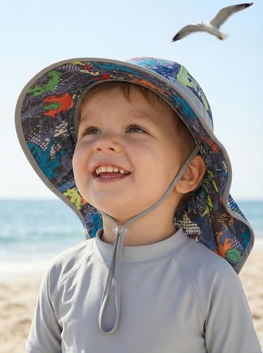 icolor Kids Sun Hat UPF50+ Sun Protection Bucket Hat Toddler Summer Beach Play Hats with Neck Flap for Girl Boy Ages 3~10 - color: Cutedinosaur