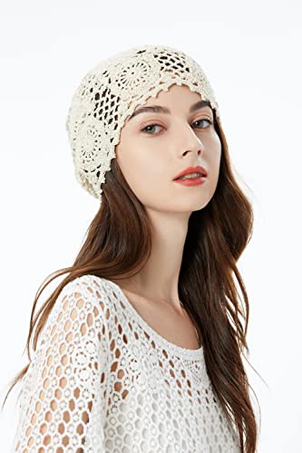 ZLYC Women Cotton Crochet Slouchy Beanie Hat Handmade Knit Summer Skull Cap - color: Beige Ponytail