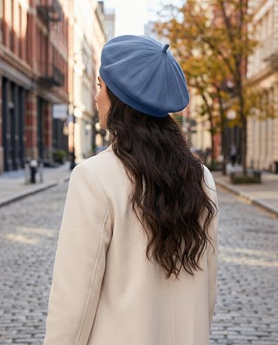 Women's Knitted Beret, French Style Double Layer Winter Autumn Warm and Soft Beanie Hat Cap - color: Z-denim Blue