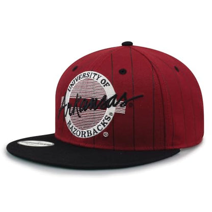 The Game NCAA Licensed, Arkansas Razorbacks Flat Brim Snapback Hat - color: Red/Pin Stripe