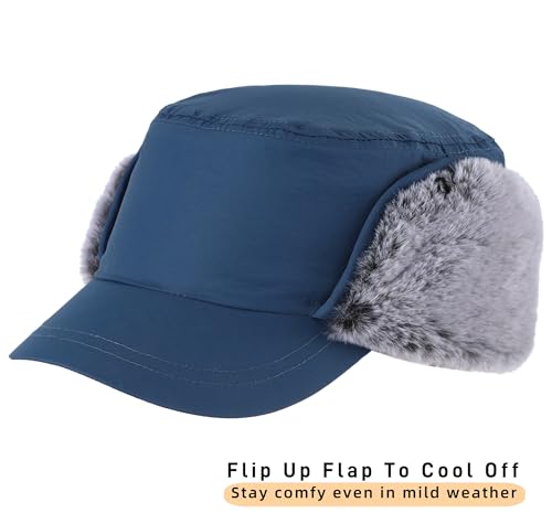 Connectyle Men's Winter Hat with Visor Warm Earflaps Hat Fully Lined Faux Fur Baseball Cap Trapper Hunting Hats - color: Dark Blue